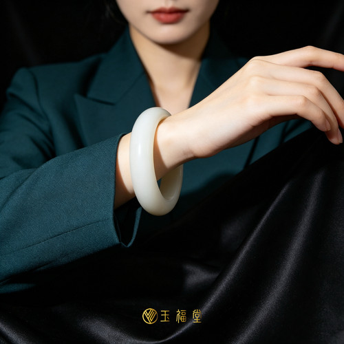 玉福堂 | 新疆和田玉且末料白镯 |米达料玉镯镯心套装 宽轮胎58mm