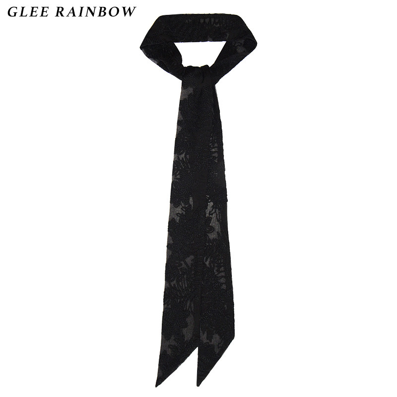 Glee rainbow神秘黑真丝顺纡褶皱超薄绣花柔软小丝巾围巾