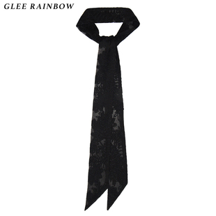 Glee rainbow神秘黑真丝顺纡褶皱超薄绣花柔软小丝巾围巾