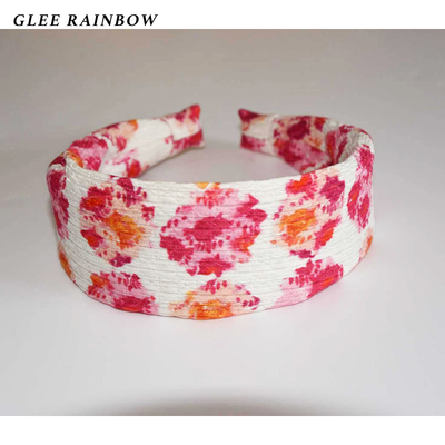 Glee rainbow少女粉橘真丝提花肌理感度假风宽边印花发箍头饰