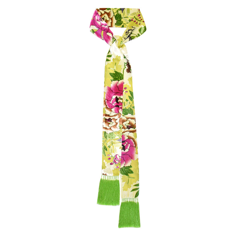 Glee rainbow黄绿植物花卉烂花真丝绒质感高级流苏拼接长丝巾围巾