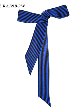 Glee rainbow海军蓝真丝条纹中性风百搭造型丝巾围巾
