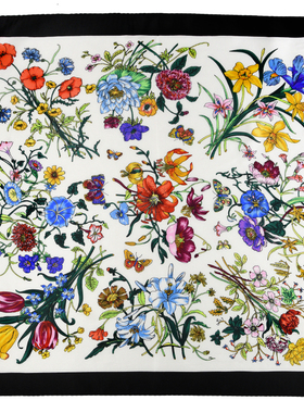 Glee rainbow 白色黑边框手绘花卉真丝缎方巾 造型头巾 绑发丝巾