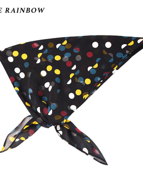 Glee rainbow黑色真丝乔其纱蓝黄彩波点超薄透视方巾头巾