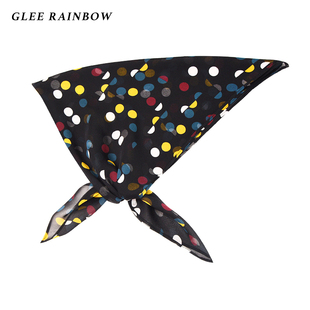 Glee rainbow黑色真丝乔其纱蓝黄彩波点超薄透视方巾头巾
