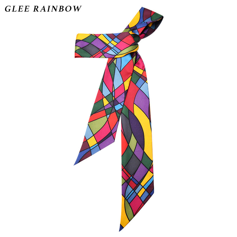 Glee rainbow时髦波普艺术彩色棋格真丝斜纹缎超长丝巾围巾