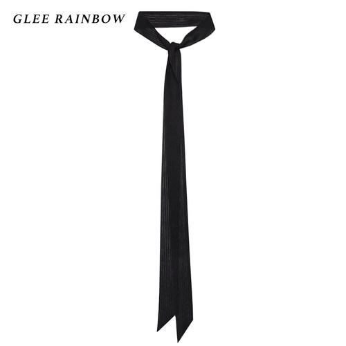 Glee rainbow黑色暗条纹真丝微透窄丝巾造型长丝巾围巾