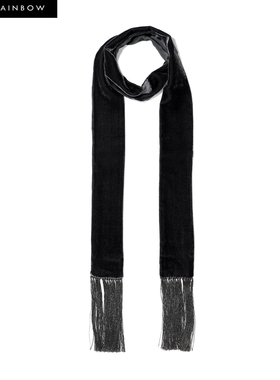 Glee rainbow黑色真丝绒流苏光泽感时髦造型秋冬保暖围巾丝巾