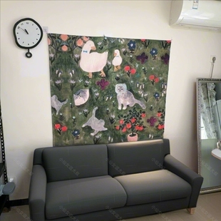 ins复古可爱草地猫咪挂布卧室床头挂毯韩系装 治愈小喵背景布 饰布