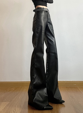 gagaopt自制新品高腰显瘦鳞纹皮裤女美式宽松加长拖地微喇裤冬季