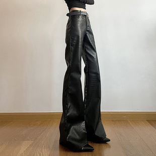 gagaopt自制新品高腰显瘦鳞纹皮裤女美式宽松加长拖地微喇裤冬季