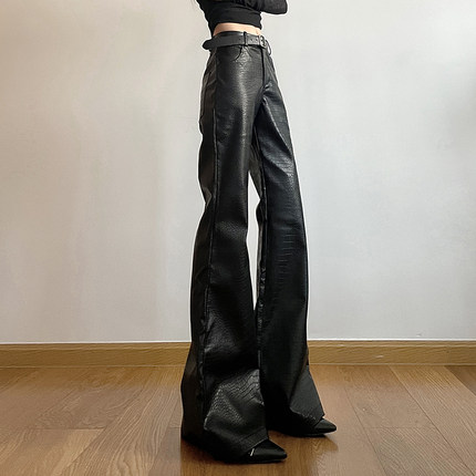 gagaopt自制新品高腰显瘦鳞纹皮裤女美式宽松加长拖地微喇裤冬季