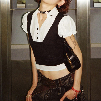 短袖设计感假两件拼接泡泡袖T恤