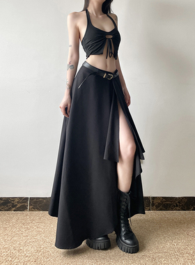 gagaopt小众独特不规则开叉露腿半身裙高腰显瘦垂感黑色A字长裙夏