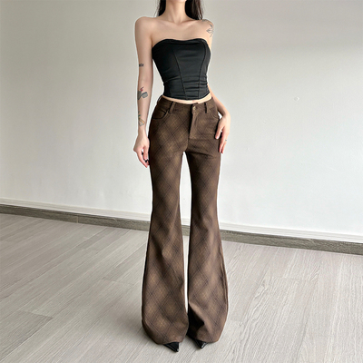 2025新款流行爆款格纹微喇叭裤