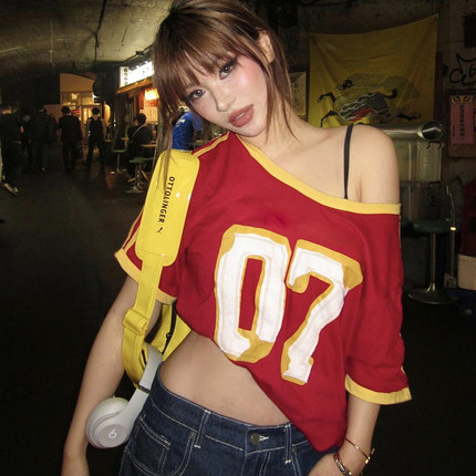 gagaopt字母印花条纹撞色短袖T恤女宽松显瘦大版中长款休闲上衣夏