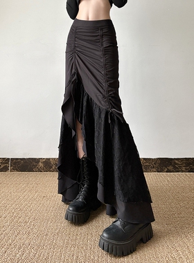 gagaopt设计感蕾丝拼接蝴蝶结褶皱半身裙女高腰显瘦不规则鱼尾裙