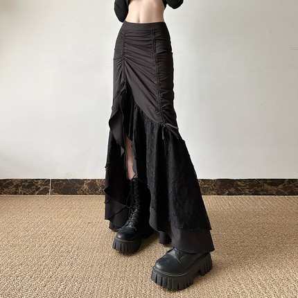 gagaopt设计感蕾丝拼接蝴蝶结褶皱半身裙女高腰显瘦不规则鱼尾裙