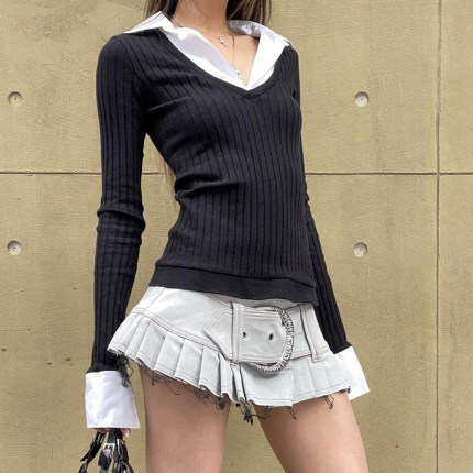 gagaopt学院风POLO领拼接假两件长袖T恤女修身显瘦打底内搭上衣秋