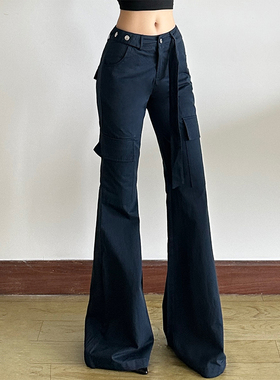 gagaopt低腰微喇叭裤垂感百搭显瘦工装裤复古气质蓝色休闲长裤秋