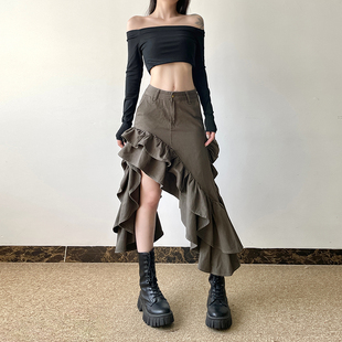 gagaopt设计感不规则荷叶边半身裙高腰显瘦A字裙性感露腿中长裙秋