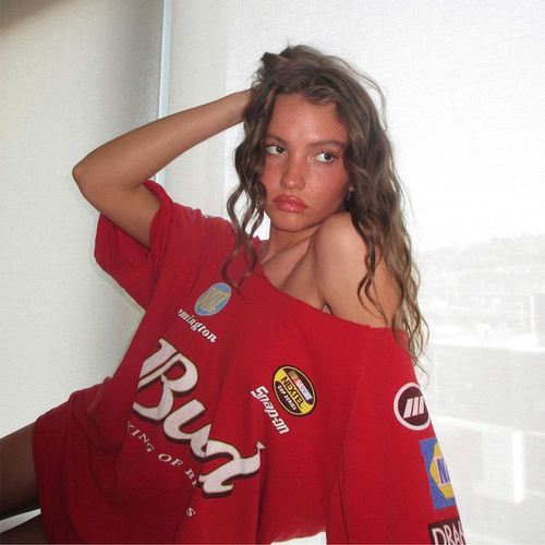 gagaopt复古字母印花T恤女斜肩