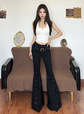 gagaopt早秋修身高腰显瘦黑色微喇裤小个子显身材休闲裤女配腰带