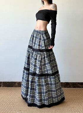 gagaopt复古格纹蕾丝拼接松紧腰长款半身裙高腰宽松修身小众A字裙