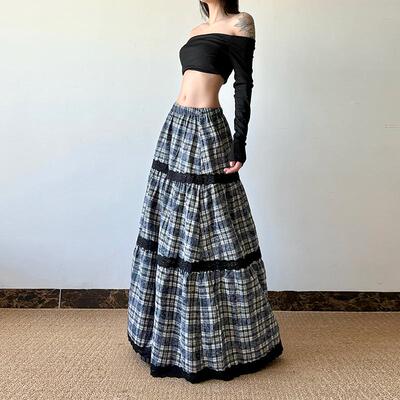 gagaopt复古格纹蕾丝半身裙