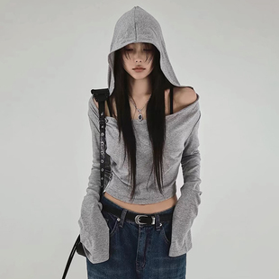 gagaopt小众别致大领口连帽长袖T恤女小个子短款露脐外穿上衣ins