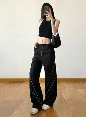 gagaopt自制新款设计感拉链宽松显瘦直筒裤女薄款高腰黑色休闲裤