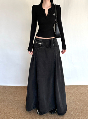 gagaopt2025新款复古洗水黑色牛仔半身裙宽边高腰显瘦A字长裙冬季