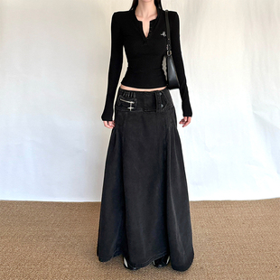 gagaopt2025新款 复古洗水黑色牛仔半身裙宽边高腰显瘦A字长裙冬季