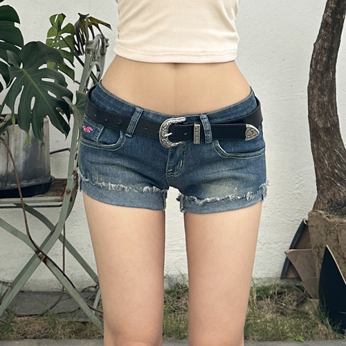 水洗磨破撕边牛仔超短裤