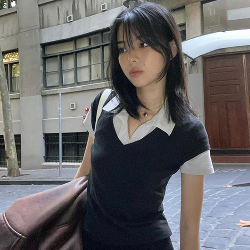 短袖韩版POLO领拼接假两件T恤女