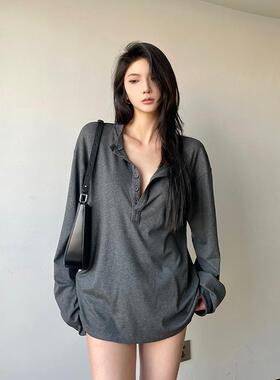 gagaopt纯色长袖纽扣半开领T恤女春季新款设计感宽松打底衫上衣潮