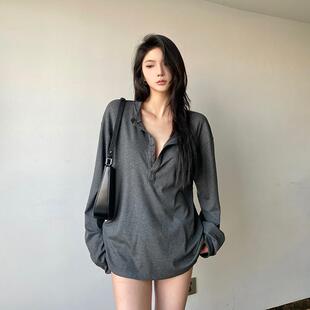 设计感宽松打底衫 新款 上衣潮 纽扣半开领T恤女春季 gagaopt纯色长袖
