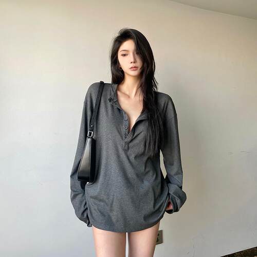 gagaopt纯色长袖半开领T恤