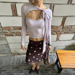 gagaopt设计感镂空绑带棉质长袖T恤女小个子短款紧身显瘦紫色上衣