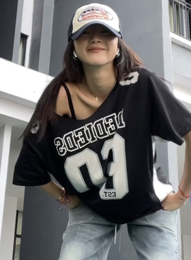 gagaopt学院风印花休闲运动短袖T恤女宽松大版中长款BF黑色上衣夏