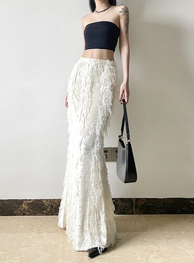 gagaopt法式气质流苏半身裙松紧高腰显瘦长裙别致拼接仙女鱼尾裙