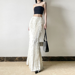 gagaopt法式气质流苏半身裙松紧高腰显瘦长裙别致拼接仙女鱼尾裙