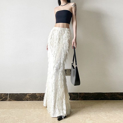 gagaopt法式气质流苏半身裙松紧高腰显瘦长裙别致拼接仙女鱼尾裙