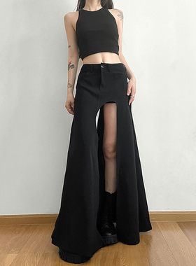 gagaopt黑色薄款西装半身裙夏季设计感小众开叉长裙高腰显瘦A字裙