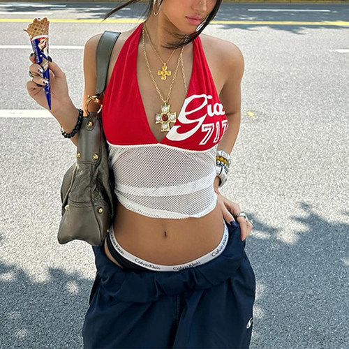 辣妹性感深V领挂脖吊带背心