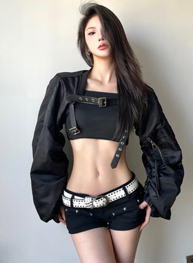 gagaopt重工设计系皮带超短款夹克外套女黑色甜酷机车长袖上衣秋