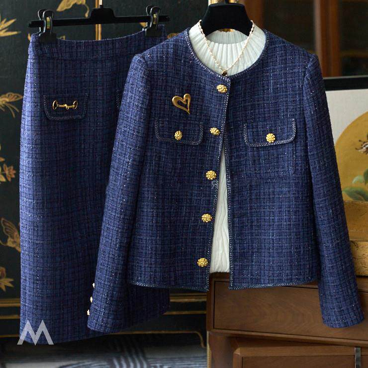 大折扣外贸原单女装撤专柜编织粗花呢麻花金扣外套+半身裙子