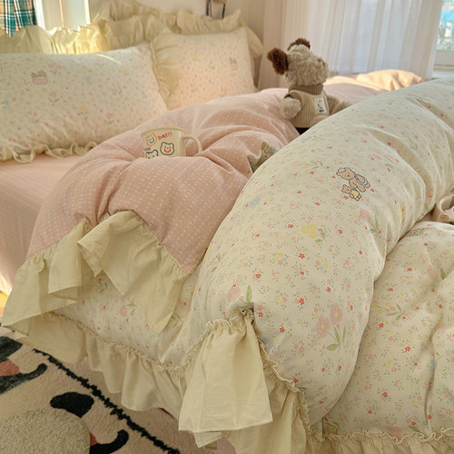 A类全棉纯棉四件套2026新款碎花韩系卡通花边款床品四季通用3件套