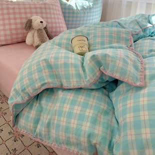 A类母婴级纯棉全棉四件套韩系格子三角针贝壳边2026新款 床上3件套