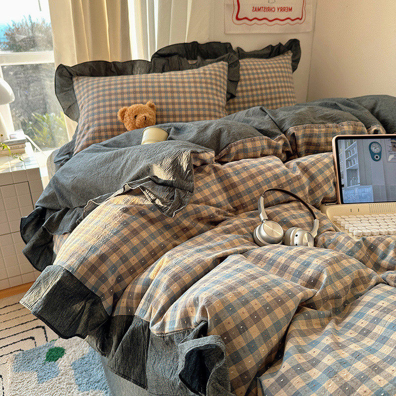 全棉纯棉四件套2026新款A类韩版花边纯棉色织提花格子撞色三件套